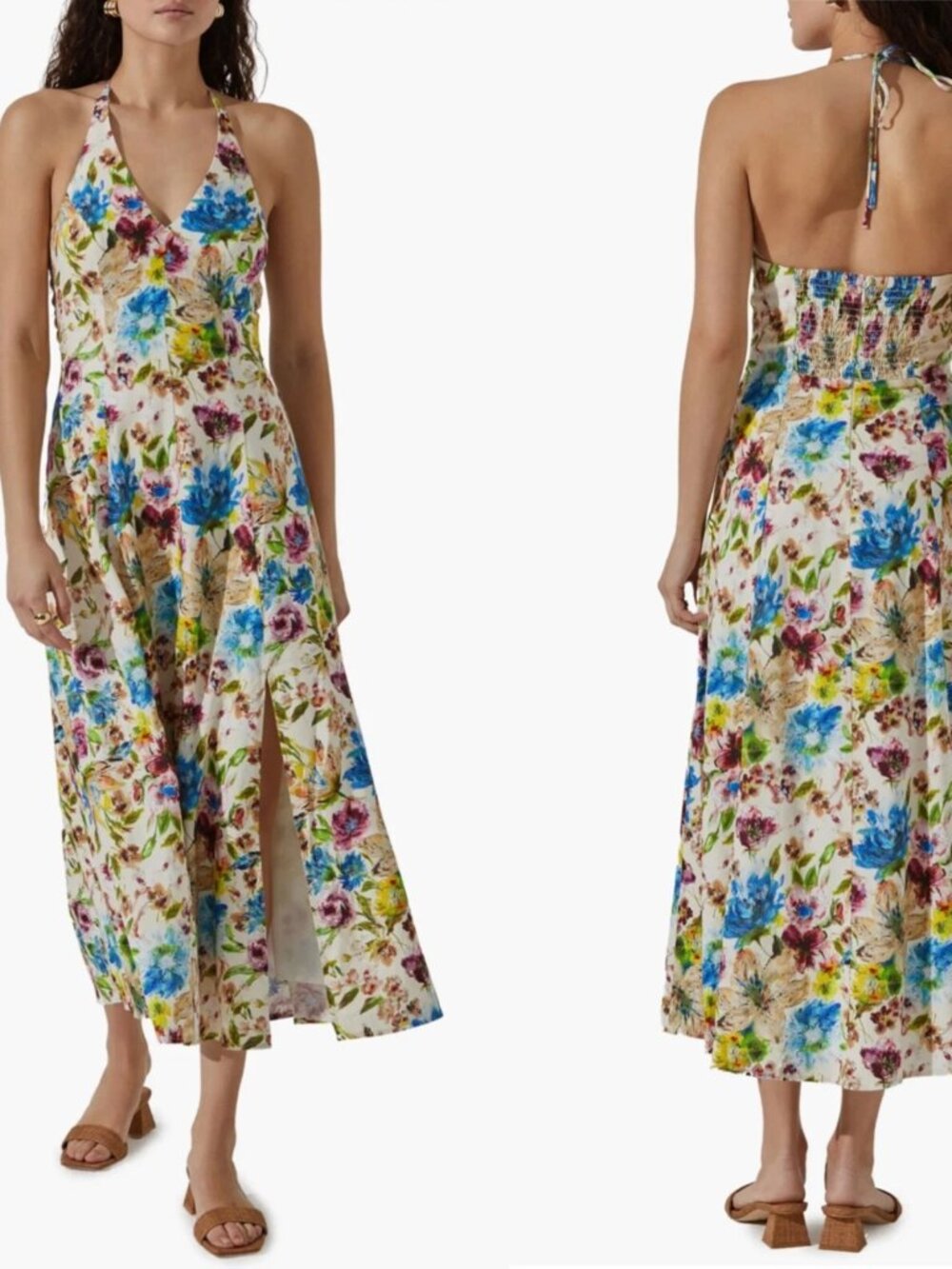 NEW ASTR THE LABEL Floral Watercolor HALTER Front Slit TROPICAL Linen DRESS XS